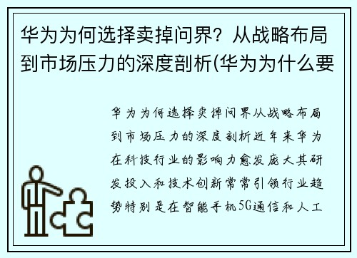 华为为何选择卖掉问界？从战略布局到市场压力的深度剖析(华为为什么要出售)