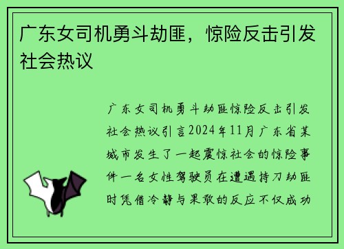 广东女司机勇斗劫匪，惊险反击引发社会热议
