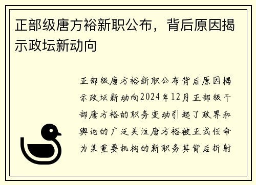 正部级唐方裕新职公布，背后原因揭示政坛新动向
