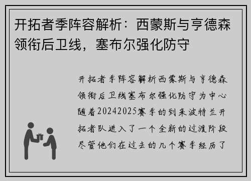开拓者季阵容解析：西蒙斯与亨德森领衔后卫线，塞布尔强化防守