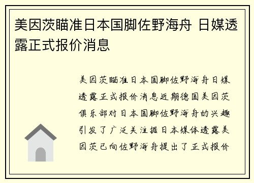 美因茨瞄准日本国脚佐野海舟 日媒透露正式报价消息
